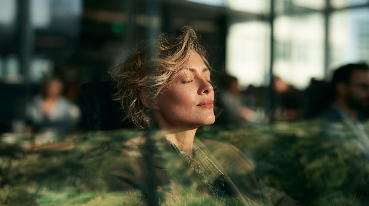 A woman at rest, eyes closed in warm light, a quiet meadow reflected around her